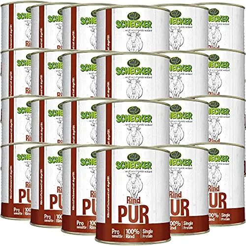Schecker Nassfutter 100% Rind PUR - Getreidefreies Hundefutter 24 x 820 g - Hochwertiges Nassfutter aus 100% Rind, ideal für empfindliche Hunde. Getreidefrei und glutenfrei, ohne Zusatzstoffe für eine natürliche Ernährung.