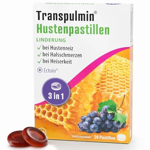 Transpulmin Hustenpastillen – Linderung bei Hustenreiz, Halsschmerzen und Heiserkeit – Mit Ectoin und Honig