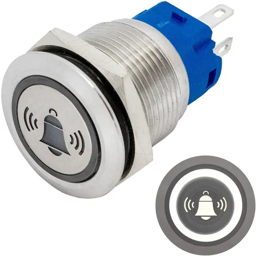 Edelstahl Drucktaster Flach Ø19mm Glocke LED Kalt Weiß IP65 2,8x0,5mm Pins 250V