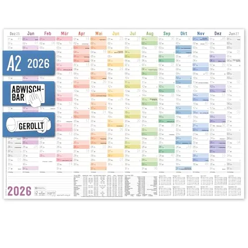 Häfft® abwischbarer Wandkalender 2026 A2 (59,4 x 42 cm) gerollt, mit Feiertagen & Ferien, 14 Monate: Dez 2025 - Jan 2027, Wandplaner 
