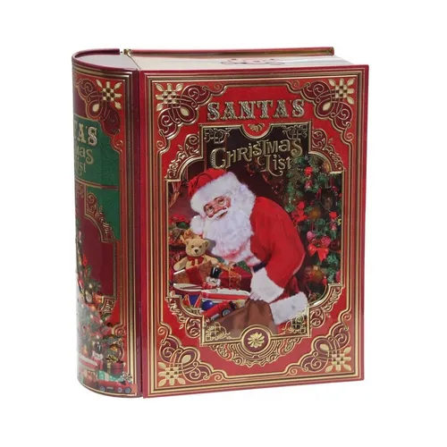 POWERHAUS24 Keksdose Santas Buch 24,5 x 20,5 cm - Keksdose für Weihnachten, hochwertiges Blechdesign mit Prägungen, lebensmittelecht und ideal für Plätzchen oder Lebkuchen. Inkl. exklusivem Backrezept für vegane Mini-Schoko-Brownies!