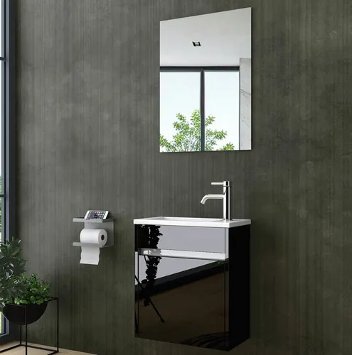 Homeline Badmöbel-Set Zamora - 3-teiliges Badmöbel-Set in Schwarz Hochglanz, inklusive Keramik Waschbecken und Spiegel. Zeitloses Design für ein modernes Badezimmer, einfach zu montieren und pflegeleicht.