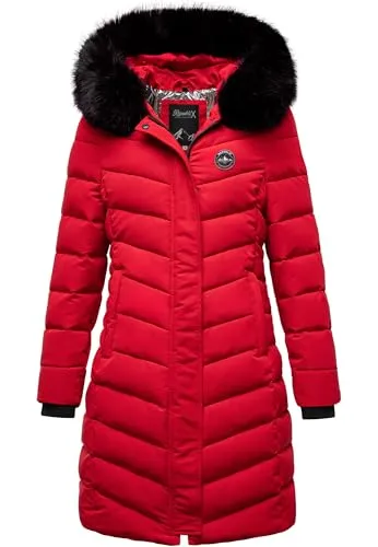 REPUBLIX Damen Gefütterte Winterjacke RJ-8016 in Rot XL - Elegante Damen Winterjacke mit femininer Passform aus strapazierfähigem Material. Kunstfellkragen und Kapuze bieten zusätzlichen Wetterschutz. Praktische Reißverschlusstaschen für sichere Aufbewahrung. Ideal für Alltag und Freizeit.