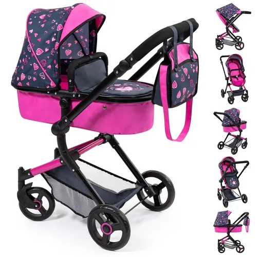Bayer Design Kombi Puppenwagen Neo Vario, Rosa & Schwarz - Puppenwagen Neo Vario für Puppen bis 52 cm, wandelbar zum Puppenjogger mit verstellbarem Griff und schwenkbaren Vorderrädern für einfaches Kurvenfahren.