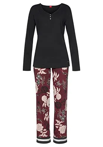 s.Oliver Damen Pyjama mit modischem Design - Stylischer Pyjama mit bedruckter Hose und Longsleeve, ausgestattet mit Perlmuttknöpfen. Der elastische Hosenbund und die seitlichen Taschen bieten hohen Tragekomfort für entspannte Nächte.