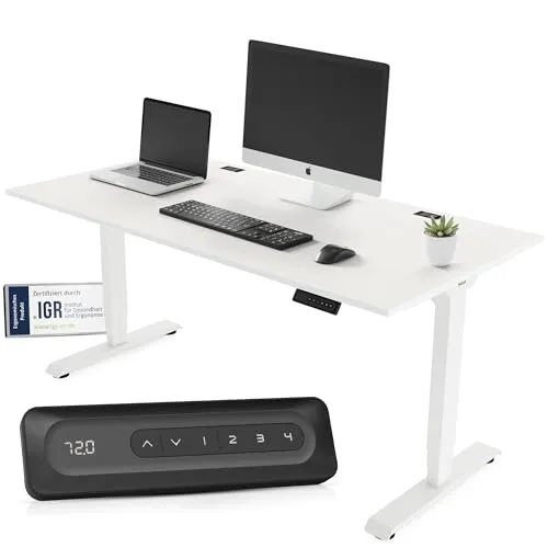 Yaasa Desk Essential Elektrisch Höhenverstellbarer Schreibtisch 140 x 80 cm Weiß/Weiß – Schreibtisch höhenverstellbar und elektrisch – Bürotisch mit digitalem Display, Kabeldurchlässen & Kabelnetz