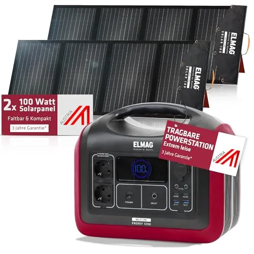 ELMAG Solargenerator-Set Energy 1200 + SOLAR 100 Duo – 992Wh tragbare Powerstation mit 2 faltbaren 100Wp Solarpanelen – Stromspeicher mit 230V AC/DC/USB Ausgabe – Für Camping, Outdoor & Notstrom