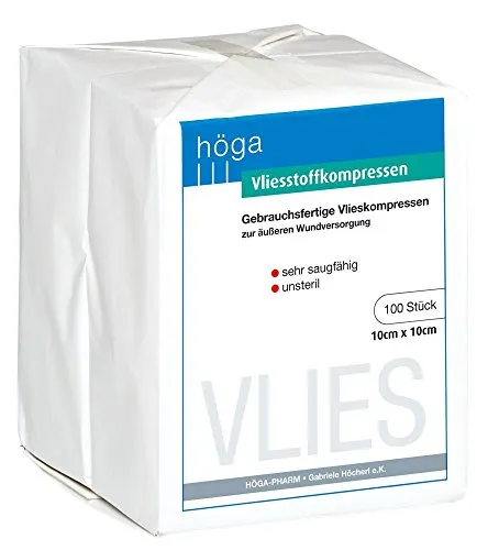 Höga Pharm Vliesstoffkompressen, sehr saugfähig, unsteril, gebrauchsfertige Vlieskompresse zur äußere Wundversorung, 10cm x 10cm, 1 Stück