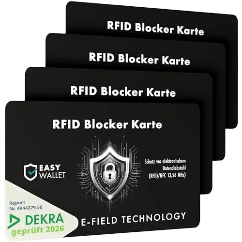 EasyWallet [NEU 2026] DEKRA-geprüfte NFC/RFID Blocker Karte | E-Field-Störsender-Technologie für sicheren Kartenschutz | Extra dünn (0,84 mm) – Perfekt für Jede Geldbörse (4X) - Optimaler Schutz