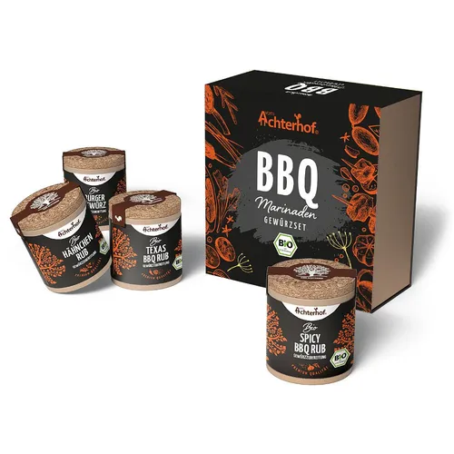 BBQ Marinaden Set | Bio Gewürzvielfalt für Grillliebhaber - Kräuter Gewürzset mit 4 aromatischen Marinaden in einer umweltfreundlichen Geschenkbox. Ideal zum Würzen von Fleisch, Fisch und Gemüse für ein unvergessliches Grillerlebnis.
