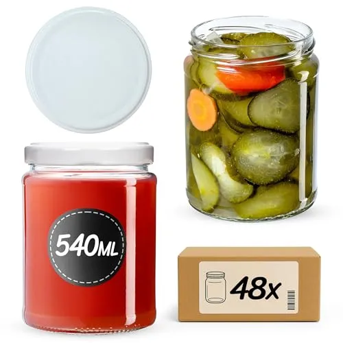 KADAX Konservengläser 540 ml, 48er Set, Rundgläser mit Schraubdeckel Motiv „Weiß“ – Einmachgläser zum Einlegen, Einkochen oder Aufbewahren von Marmelade, Obst und Gemüse