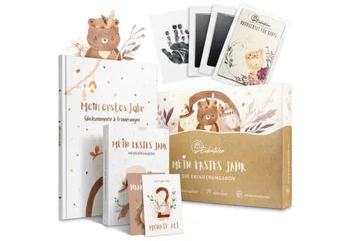 Eulentaler Tagebuch I Die Erinnerungsbox - Notizbuch für Babys, enthält 48 Meilensteinkarten und ein Baby Abdruckset – perfekt, um die schönsten Erinnerungen im ersten Jahr festzuhalten.