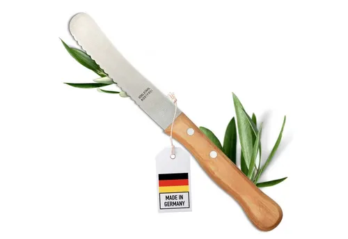 OLIQUE Brötchenmesser aus Olivenholz - Hochwertiges Solinger Buckelsmesser - Brötchenmesser aus Olivenholz mit superscharfer Edelstahlklinge für müheloses Schneiden. Ergonomischer Griff sorgt für Komfort und perfekten Halt. Nachhaltig produziert für umweltbewusste Genießer.