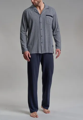 GÖTZBURG Herren Pyjama blau bedruckt - Herren-Nachtwäsche aus 100% Baumwolle, mit V-Ausschnitt und praktischer Brusttasche für optimalen Komfort beim Schlafen.