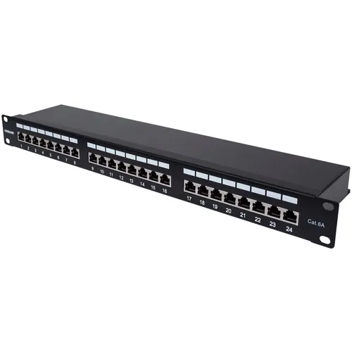 Intellinet 720861 24-Port Cat6a Patchpanel - Geschirmt für optimale Leistung - Cat-6-Ethernetkabel, geschirmt FTP für maximale Anschlussqualität und einfache Installation dank 90 Grad abgewinkelter Kabeleinführungen.