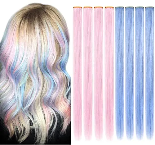 IAMERUI Multicolors Party Glattes Haar Bunte Clips in Kunsthaarverlängerungen in mehreren Farben Hitzebeständiges langes Haarteil 8Stück(Hellrosa Hellblau)