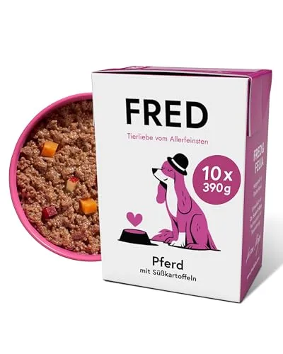 FRED Nassfutter Hund Pferd mit Süßkartoffeln – Monoprotein – 390g Tetra Pak - Hochwertiges Nassfutter mit 48 % Pferdefleisch in Lebensmittelqualität, kombiniert mit Süßkartoffeln und Apfel. Ideal für sensible Hunde – getreidefrei und praktisch im recycelbaren Tetra Pak.