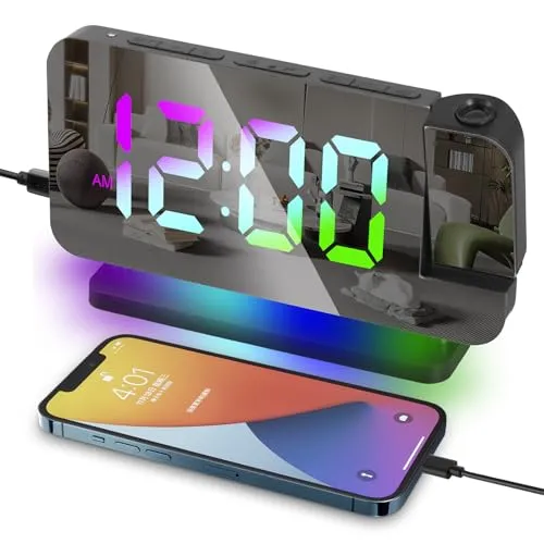 Mapille Projektionswecker, Digitaler Wecker mit 180° Drehbarem Projektor, RGB Nachtlicht, USB C Ladeanschluss, Dimmbar, Schlummerfunktion, LED Digitale Spiegeluhren, Wecker für Schlafzimmer (Schwarz)