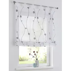 Nelly Grau Raffrollo – Modern Bestickt mit Schlaufen - Elegantes halbtransparentes Raffrollo in grau mit feiner Stickerei. Ideal für variablen Sichtschutz und einfache Montage an Gardinenstangen. Pflegeleicht und perfekt für kleine Fenster.