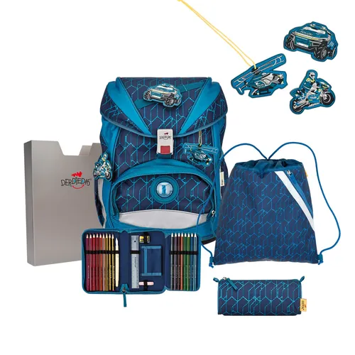DerDieDas Ergoflex Schulranzen Blue Speed 5-teilig - Schulranzen mit ergonomischem Design, leichtes Material (800 g) und 22 l Volumen – ideal für ein bequemes Tragen und ausreichend Stauraum für Schule und Freizeit.