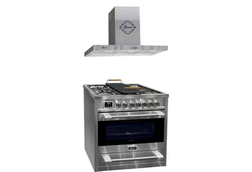 Kaiser Küchengeräte Gasherd-Set Gas Elektro Standherd 90 cm, Erdgas, Propangas, 115 L+ Edelstahl Dunstabzugshaube 90 cm,Suagstark 1000m³/h, 3 Stufen HGE 93505 R+GCH F 461 IS 9, mit 1-fach-Teleskopauszug, Katalytische Selbstreinigung, Gas Elektro Standherd 90 cm+Dunstabzugshaube 90 cm,1000m³/h