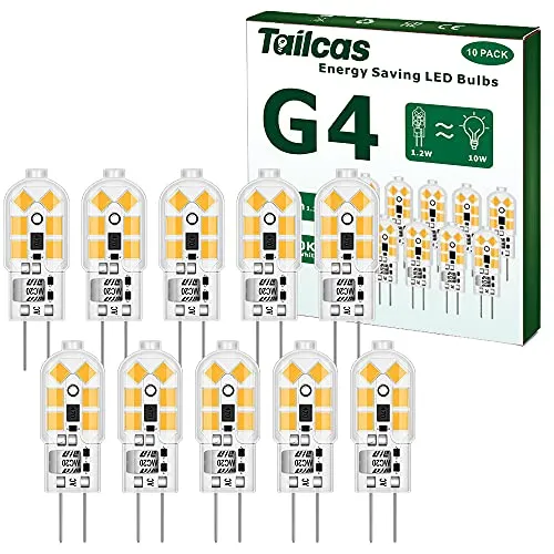 Tailcas G4 Led Birne Warmweiss, 1.2W 12V Lampen, Ersatz für 10W Halogenlampen, 120lm 3000K 360° AC/DC Leuchtmittel, Kein Flackern Nicht Dimmbar Stiftsockellampe Glühbirnen, 10er Pack