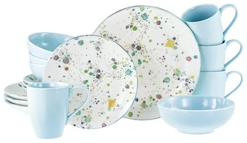 CreaTable 24256 Serie Candy Drops, 16-teiliges Geschirrset für 4 Personen - Kombiservice aus Steinzeug, spülmaschinen- und mikrowellengeeignet, mit fröhlichem Design in hellblau und bunten Punkten für gute Laune am Tisch.