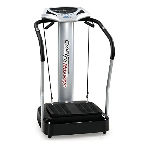 @tec Crazy FIT Massage, Vibrationsplatte mit Haltestange, 50 Stufen, 4 Programme + manueller Modus, Pulssensoren, 2 Trainingsbänder, LED-Anzeige, rutschfeste Trittfläche
