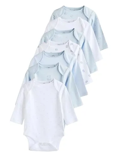 NEXT Baby Jungen Langärmelige Bodys mit Bärendesign, 7er-Pack Blau 56