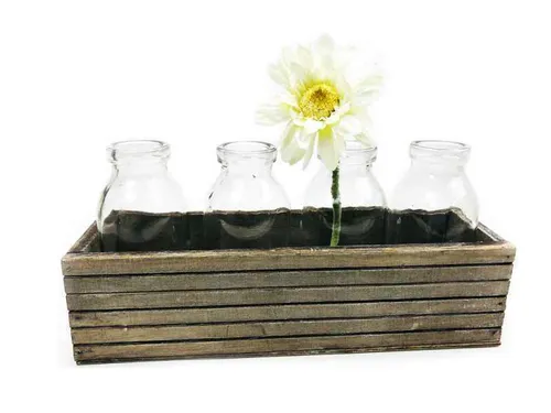 4er Set Glasflaschen im Holz Tablett - Vase, Tischdekoration, kleine Glasvasen,