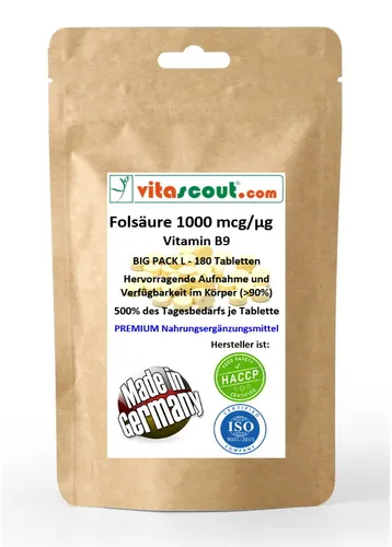 Folsäure 180 Tabletten a 1000mcg - Folic Acid - Vitamin B9 - 500% d Tagesbedarfs
