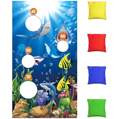 Wurfspiel Kinder Outdoor, Ozean Werfen Spiel Banner mit 4 Stück Bohnentaschen, Wurfspiel Indoor Outdoor Partyzubehör für Kinder Familienparty Aktivitäten, Spielzeug für Drinnen Garten Party