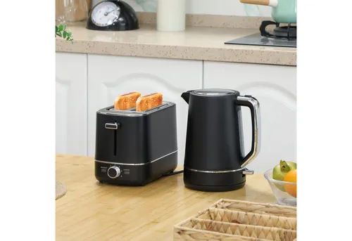 HOMCOM Wasserkocher Toaster Set 2200 W - Küchen-Set mit 1,7L Wasserkocher und 2-Scheiben-Toaster, ideal für schnelles Frühstück mit 6 Bräunungsstufen und Sicherheitsfunktionen. Modernes Design für jede Küche.