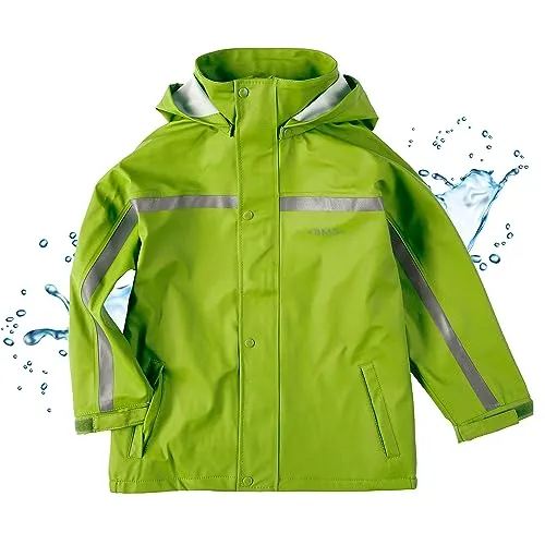 BMS Buddeljacke, 100% wasserdichte Regenjacke für Kinder in Limette, Größe 92 - Funktionsjacken: Bequeme, farbenfrohe Buddeljacke mit abnehmbarer Kapuze, ideal für Kindergarten und Schmuddelwetter – 100% wasserdicht und besonders weich für höchsten Tragekomfort.