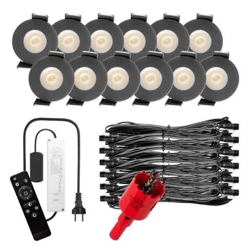 S-Polytec PREMIUM Mini LED- Einbauspots Kaltweiss 6.000K, DIMMBAR, IP65, FUNK 3W Einbaustrahler Terrassenüberdachung, Bad, Sauna mit Fernbedienung (ANTHRAZIT, 12x LED-SET (Kaltweiß))