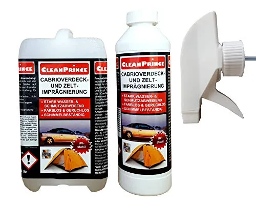 CleanPrince Cabrio- und Zelt-Imprägnierspray 2,5 Liter - Cabriodachreiniger, stark wasser- und schmutzabweisend, ideal für Cabrioverdecke und Zelte, UV-stabil und schimmelbeständig für langanhaltenden Schutz.