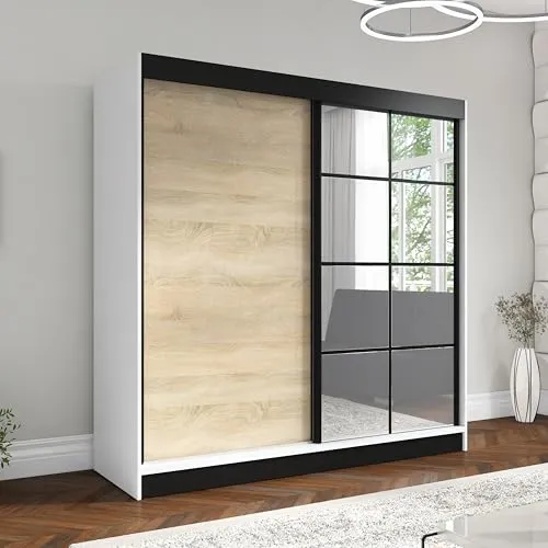 A&J MöbelLand Schwebetürenschrank TAVIRO Kleiderschrank 2-türig mit Schubladen und Spiegel, Garderobe 200 cm (Weiß/Sonoma)