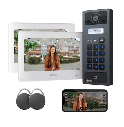 GOLIATH Basic 2-Draht Bus Video-Türsprechanlage, Full-HD, App-Steuerung, 2X 7 Zoll Monitore in Weiß, RFID & Keypad, 1-Familienhaus, Aufputz, AV-BLS-K-02W