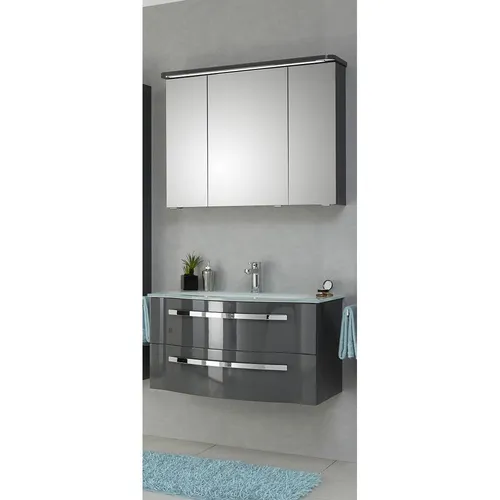 LED Waschplatz Spiegel-Schrank mit Glasbecken 90cm