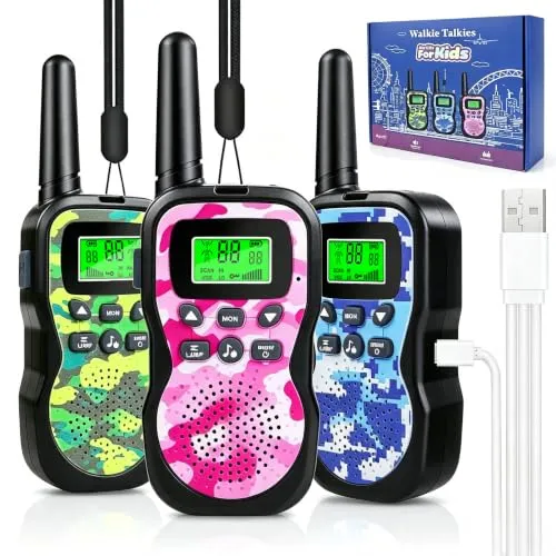 JUAUO Walkie Talkie Kinder 3 Stück, 3-12 Jungen und Mädchen Spielzeug Geschenk, Walkie Talkies für Kinder Aufladbar 8 Kanal Funkgerät, VOX Taschenlampe für Freien, Camping, Wandern