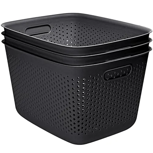 KONZEPT 3er Set Aufbewahrungsbox 17l, Aufbewahrungskorb aus Kunststoff mit Griff, perforierte, schwarz Boxen zur Aufbewahrung
