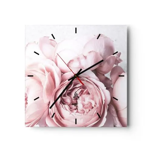 Modern Wanduhr Blumen Pfingstrosen Empfindlich 30x30cm Quadrat Klein Wand Uhr Glas Analog Zimmeruhren Küche Büro Wohnzimmer Glasuhr Wall Clock Dekoration Design Wanddekoration Küchenuhr C3AC30x30-5340