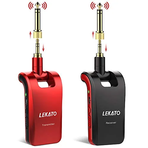 LEKATO Stereo 2.4Ghz Wireless Guitar Transmitter Empfänger mit 1/4” & 1/8” Steckern für Mono/Stereo Sound Instrumente Wiederaufladbares kabelloses Gitarrensystem für Gitarren,Bass,Keyboards