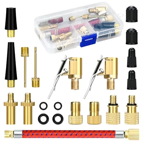 Fahrradventil Adapter Set - 21 Teile für alle Ventiltypen - Fahrradpumpenzubehör mit 21 Teilen, inkl. Schnellverschluss-Adapter und Verlängerungsschlauch. Ideal für Rennräder und E-Bikes, sorgt für einfachen Anschluss und verhindert Luftverlust.
