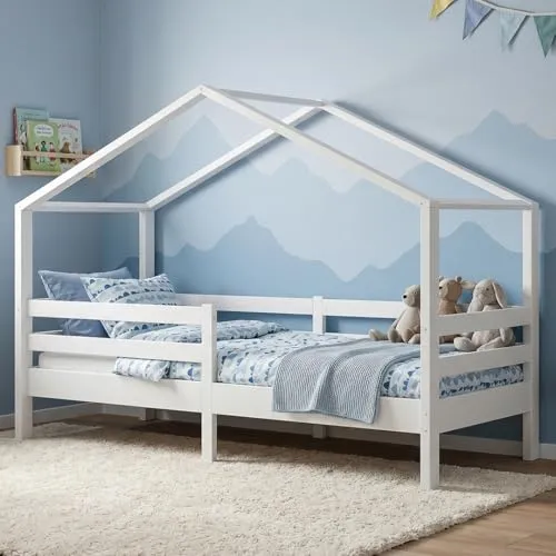 Bellabino Hausbett Abia (90x200 cm) - Weißes Kinderbett mit Stauraum - Betten: Elegantes Hausbett Abia aus massivem Kiefernholz, inkl. Lattenrost und Rausfallschutz für sichere Nächte und maximalen Komfort.
