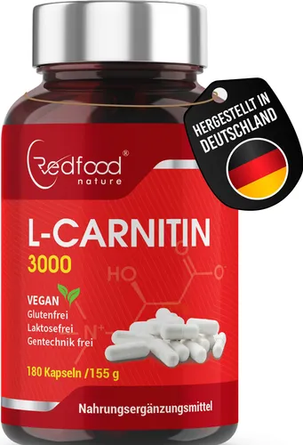 Redfood® L-Carnitin 750 mg - L-Carnitin Nahrungsergänzung, 250 vegane Kapseln für optimale Energiegewinnung aus Fettsäuren, ideal für Sportler zur Leistungssteigerung.