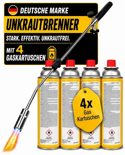 Fabona Unkrautbrenner [1100°] – Professioneller Unkrautvernichter mit Piezozündung - Kraftvoller Unkrautbrenner mit 1100°C für effektive Unkrautbekämpfung ohne Chemie. Robuster Griff und ergonomische Länge von 80 cm sorgen für komfortables Arbeiten. Inklusive 4 Gaskartuschen für sofortigen Einsatz.