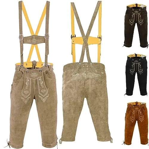 German Wear Trachten Lederhose Kniebundhose mit Hosenträger – Beige, Größe 52 - Traditionelle Trachtenlederhose aus 100% weichem Rindsveloursleder, ideal für Oktoberfest und Volksfeste. Inklusive verstellbarer Hosenträger für optimalen Tragekomfort und authentisches Design mit edler Stickerei.