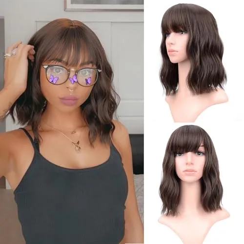 VCKOVCKO Braun Wellenförmige Perücke kurze Bob Perücken mit Pony schulterlange lockige gewellte synthetische Cosplay Perücke Pastell Bob Perücke für Mädchen bunte Kostüm Perücken (12