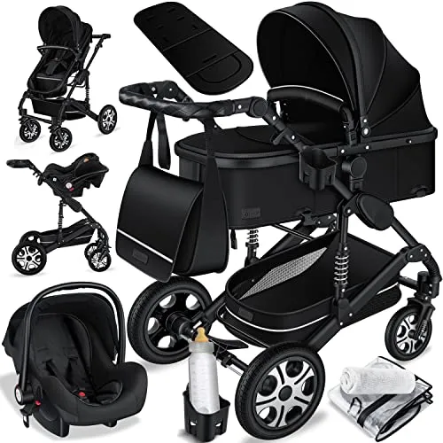 KESSER Loops 3 in 1 Kinderwagen - Kombikinderwagen Komplett-Set mit Babywanne, Buggy und Auto-Babyschale, inkl. Voll-Gummireifen und umfangreichem Zubehör